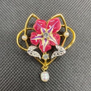 Joan Rivers enameled flower with dangle Pearl brooch